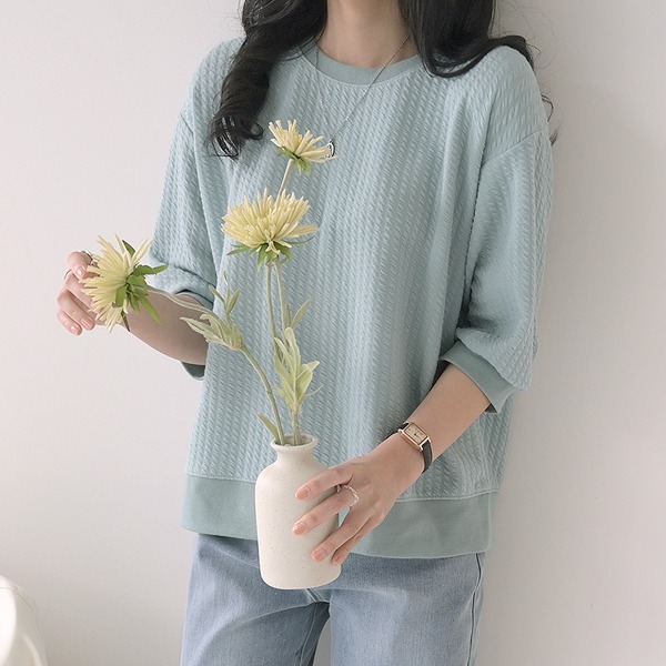 [여리여리♡] 스왈로 여성 와플 엠보싱 패턴 반팔 시보리 5부 소매 루즈핏 티셔츠