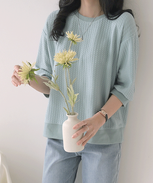 [여리여리♡] 스왈로 여성 와플 엠보싱 패턴 반팔 시보리 5부 소매 루즈핏 티셔츠
