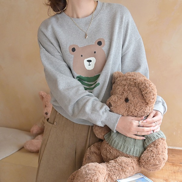 [포근기모♡] 베어 캐주얼 여성 라운드넥 프린트 루즈핏 겨울 기모 맨투맨 티셔츠