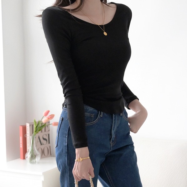 [여리여리♡] 레너 슬림핏 크롭 골지 유넥 긴팔 티셔츠
