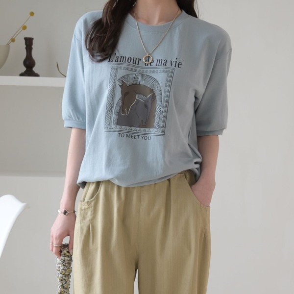 디마 캐주얼 프린팅 루즈핏 얇은 쭈리 면 반팔 맨투맨 티셔츠 봄 여름 가을