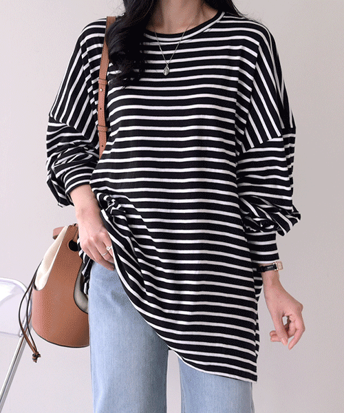 캐터 여성 스트라이프 시보리 오버핏 긴팔 베이직 티셔츠