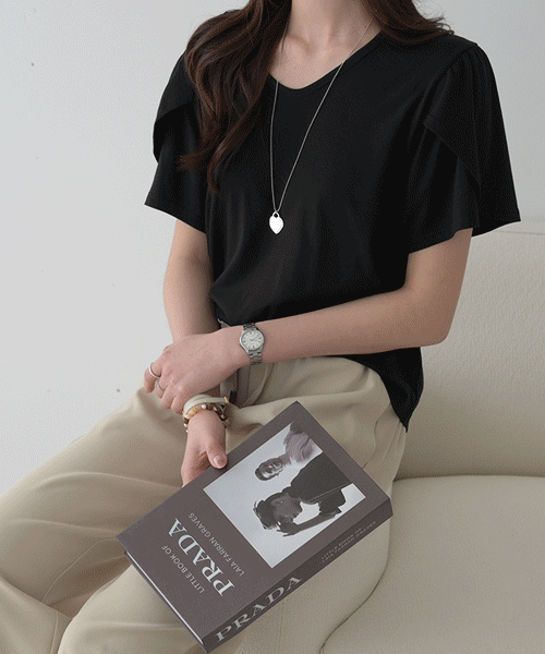 파르토 여성 라운드 U넥 반팔티 튤립 반소매 루즈핏 무지 티셔츠