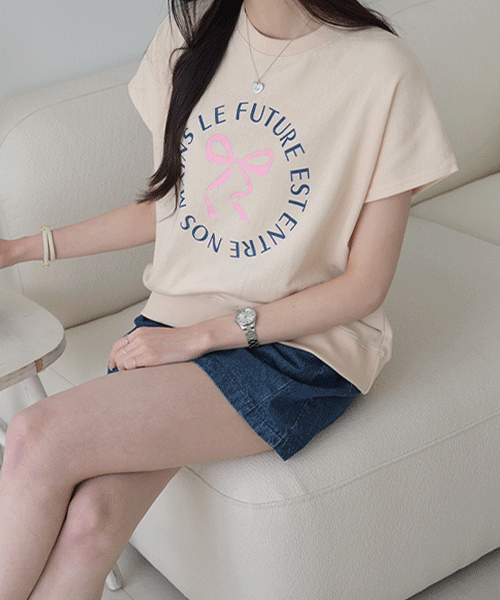 [러블리♡] 레이즌 리본 프린팅 쭈리 면 캡소매 반팔 맨투맨 티셔츠