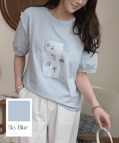[러블리♡프릴] 어뮤즈 여름 셔링 반팔 티 꽃 자수 프린팅 티셔츠
