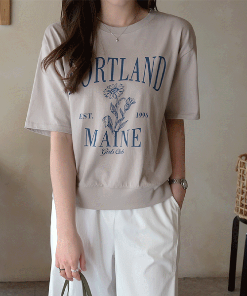 베니든 여성 루즈핏 반팔 레터링 플라워 프린팅 쭈리 봄 여름 5부 맨투맨 티셔츠